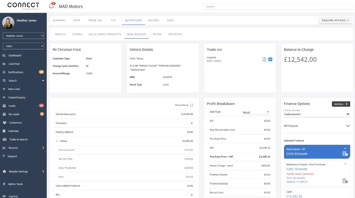 The iConvert deal builder showing a vehicle quotation with extras, profit breakdown and finance options