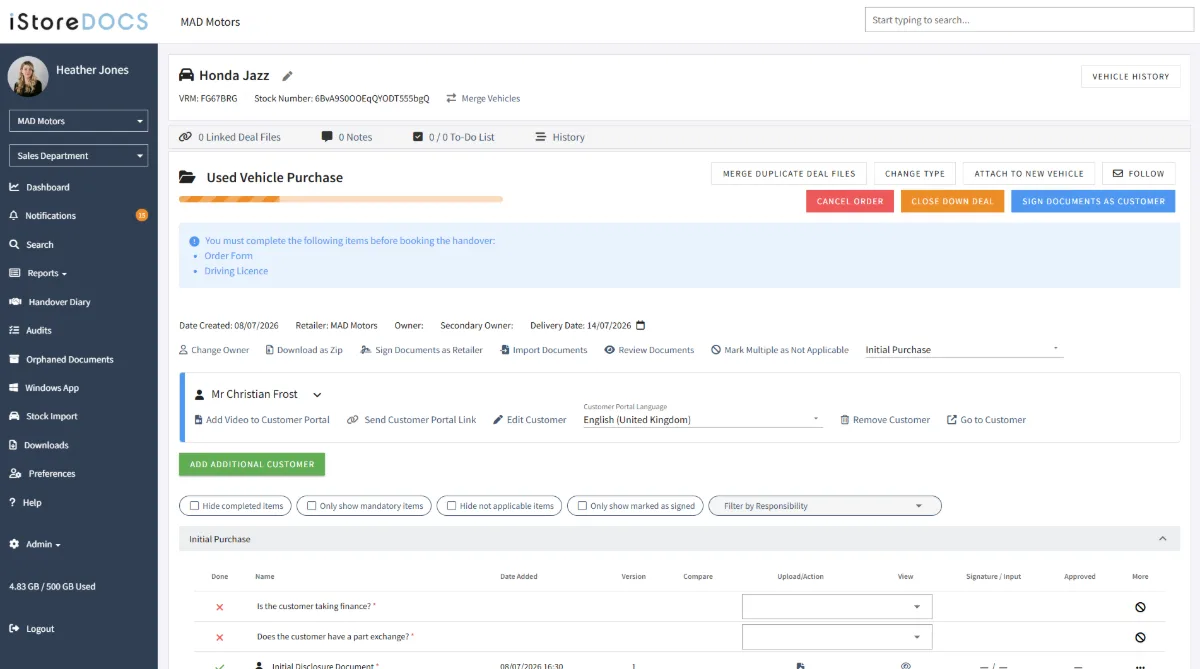 An iStoreDOCS deal file showing the document checklist, customer portal actions and signing options